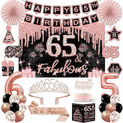 40th Birthday Decorations for Women,32pcs 40th Birthday Party Decorations,Including Backdrop, Crown,Sash,banner, Hanging Swirl,Cake Topper,balloons,Paper Fans,Anniversary Card and paper fans