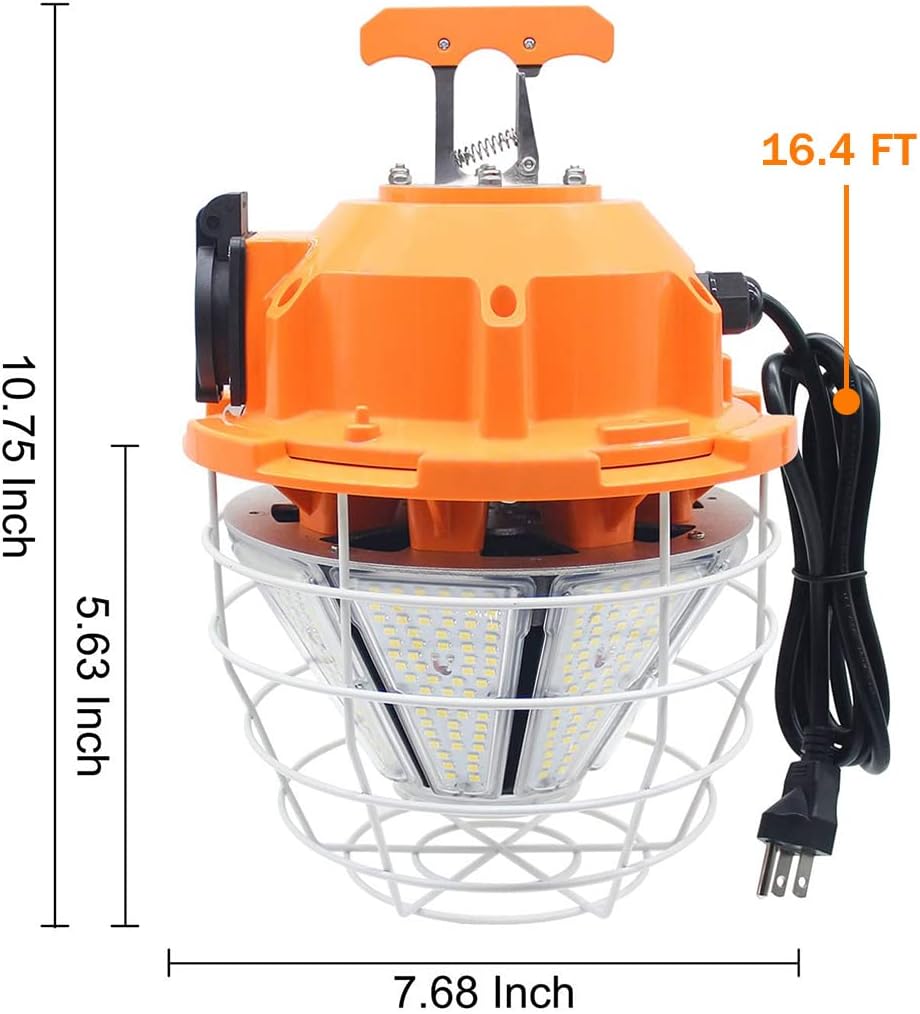 150W High Bay Outdoor Temporary LED Work Light 22500Lm 5000K Daylight White with Stainless Steel Guard and Hook Portable Hanging Lighting for Construction Job Site