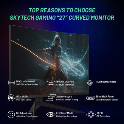Skytech Gaming 27-inch Curved Gaming Monitor up to 180Hz, QHD 2K(2560 x 1440), 3.7ms Response Time, 1500R VA Panel, FreeSync & G-Sync Support, Swivel Tilt Height Pivot Adjustable, HDMI & DisplayPort