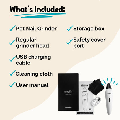 LuckyTail - Dog Nail Grinder - Small & Large Dogs - Silent Operation (30 - 50 dB) - Powerful 2-Speed Motor (8,000 & 10,000 RPM) - LED Light - Rechargeable - Pet Grooming Kit - Dog Nail Trimmers