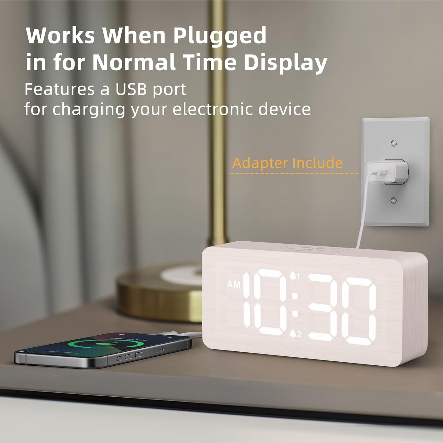 Purilite Select Wooden Digital Alarm Clock with Large LED Display