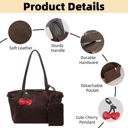 Purilite Select | Suede Shoulder Bag for Women | Pleated Vintage Hobo Tote | Medium Underarm Satchel with Charm Pendant - PuriLite