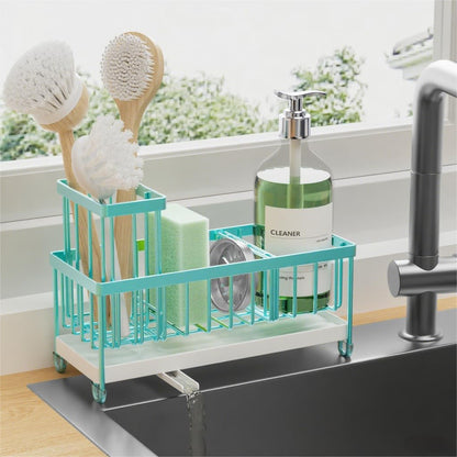 Cisily Sponge Holder for Kitchen Sink, Sink Caddy with High Brush Holder, Organzier Rustproof 304 Stainless Steel Dish Organizer Divider, Soap Dispenser Storage (Black)