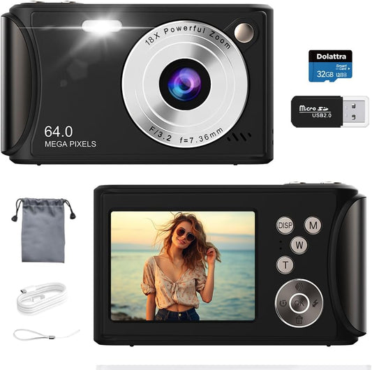 4K Digital Camera for Photography, 64MP Autofocus Vlogging Camera for YouTube, Anti-Shake, LED Screen, 18X Zoom, Point and Shoot Digital Camera for Teens Adult Beginner, 32GB High-Speed SD Card