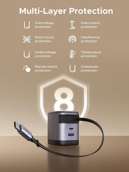 UGREEN 65W Retractable USB C Charger Block with Built-in Cable, GaN Fast Charging Wall Charger 2 Ports Compatible for iPhone 16 15 14, Galaxy S25 S24, Pixel 9 Pro 8 7, MacBook Pro/Air, iPad，Airpods