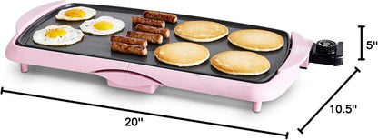 GreenLife Healthy Ceramic Nonstick, Extra Large 20" Electric Griddle for Pancakes Eggs Burgers and More, Stay Cool Handles, Removable Drip Tray, Adjustable Temperature Control, PFAS-Free, Soft Pink