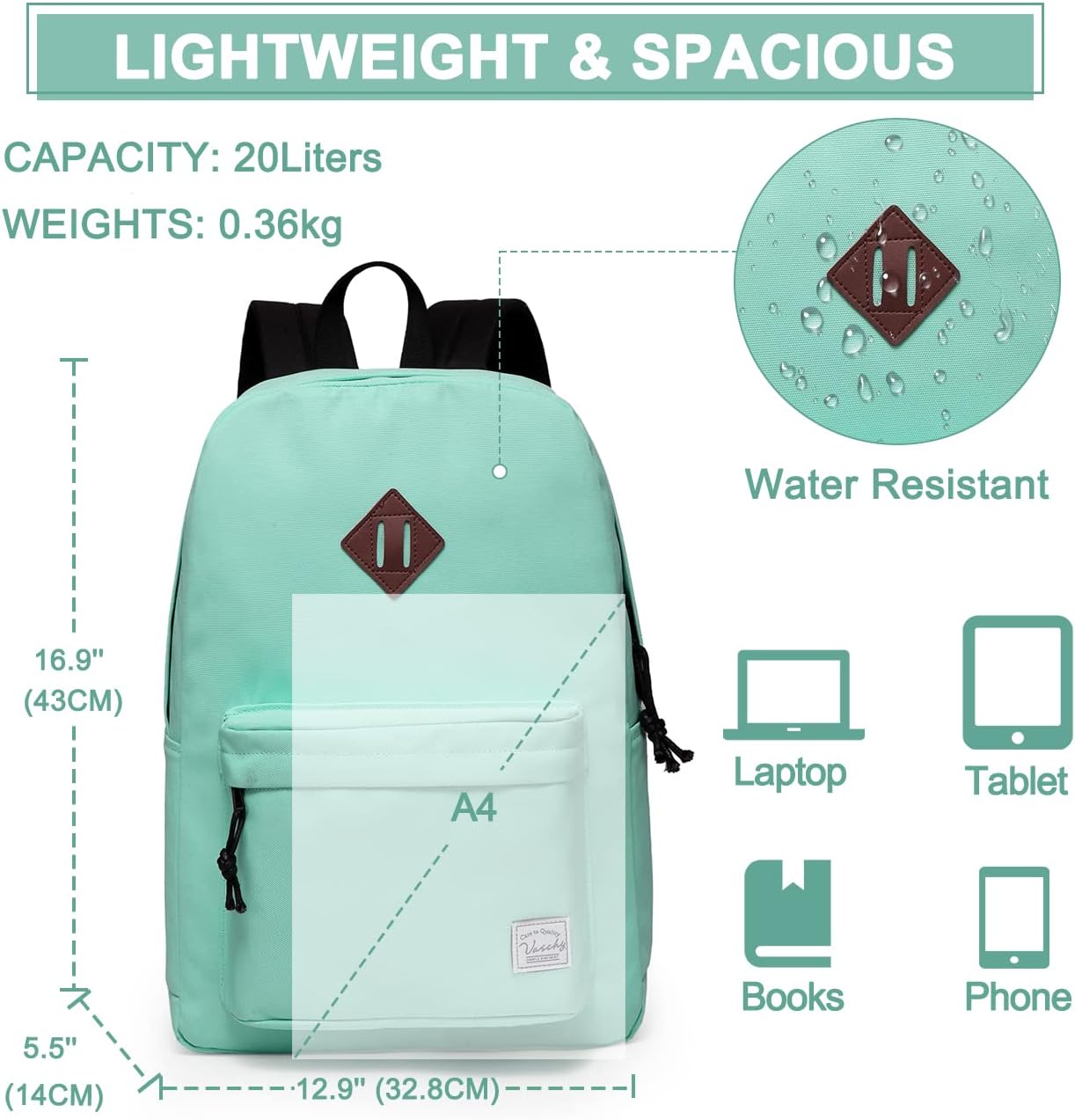 School Backpack for Kids, VASCHY Lightweight Water Resistant Casual Schoolbag Daypack for Men Women Teen Boys Girl Bookbag