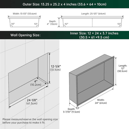 BLYLUND Shower Niche 12" x 24" NO Tile Needed,Matte Black Double Shelf Organizer, Square Corners Wall-Inserted Niche Recessed Shower Shelf Modern Soap Niche for Bathroom