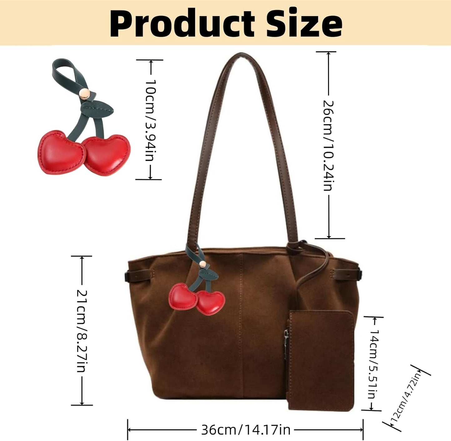 Purilite Select | Suede Shoulder Bag for Women | Pleated Vintage Hobo Tote | Medium Underarm Satchel with Charm Pendant - PuriLite