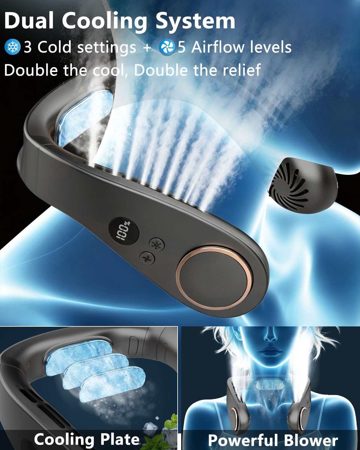 Neck Fan with Cooling Plate-5500mAh Rechargeable, Ultra Quiet Operation, 5 Speeds & 3 Cooling Modes, USB-C Fast Charging, LED Display Battery & Speed, Bladeless Wearable Neck Cooler for Travel Black