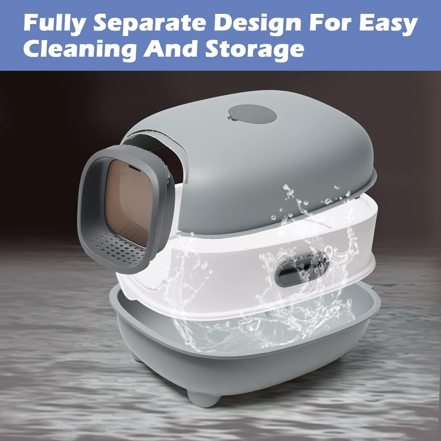 Ultra Large Fully Enclosed Cat Litter Box,Self Cleaning Cat Litter Tray for Cats with Automatic Anti-Sand Cage,Easy to Clean,Deodorize,Splash Proof Litter Box with Lid,55x38x36cm (Blue)