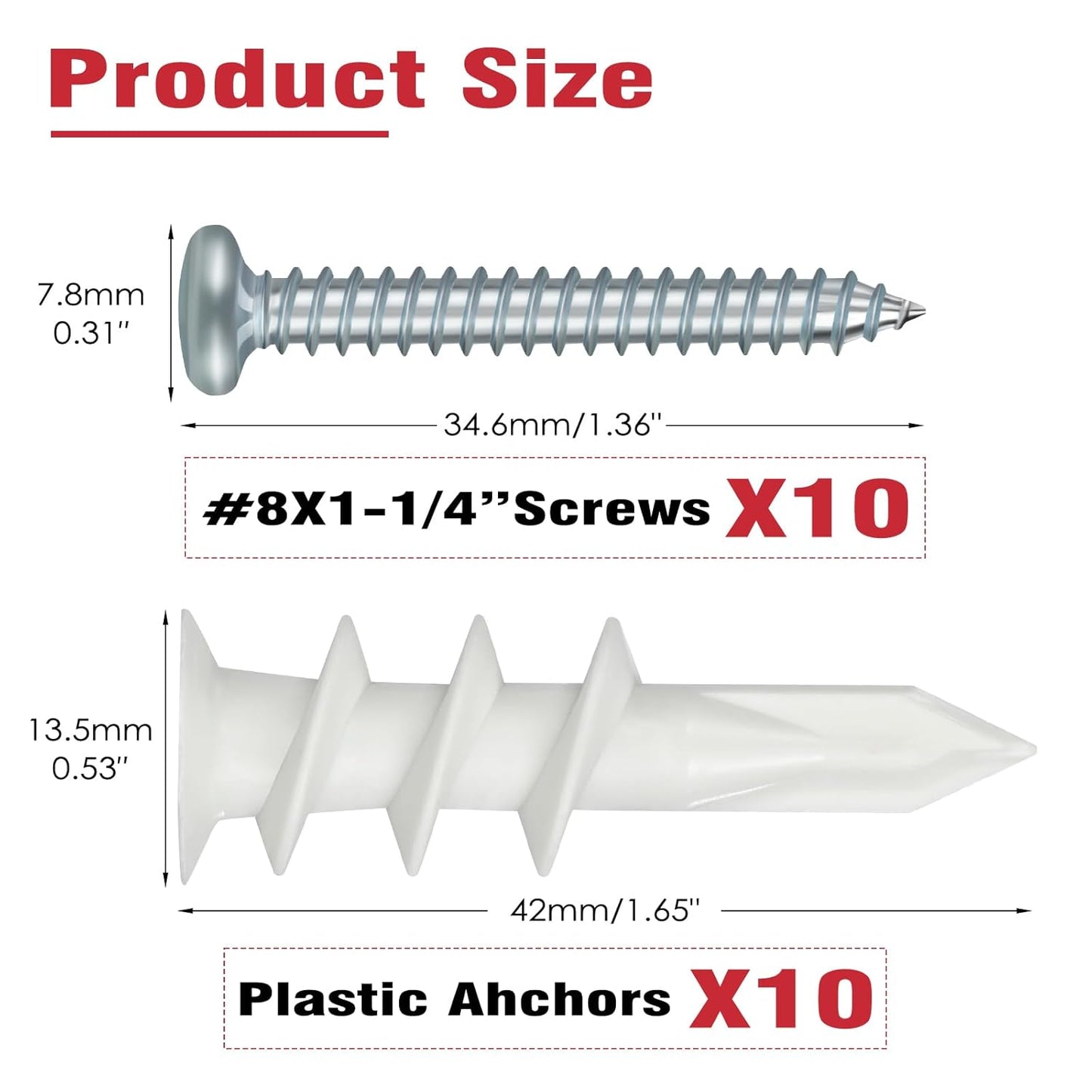 Spuspk #8 Self Drilling Drywall Anchors,120Pcs Wall Anchors and Screws for Drywall, 60 Self-Tapping/Threaded Plastic Sheetrock Anchors + 60#8 x 1-1/4'' Screws, 75LB Hanging and Mounting