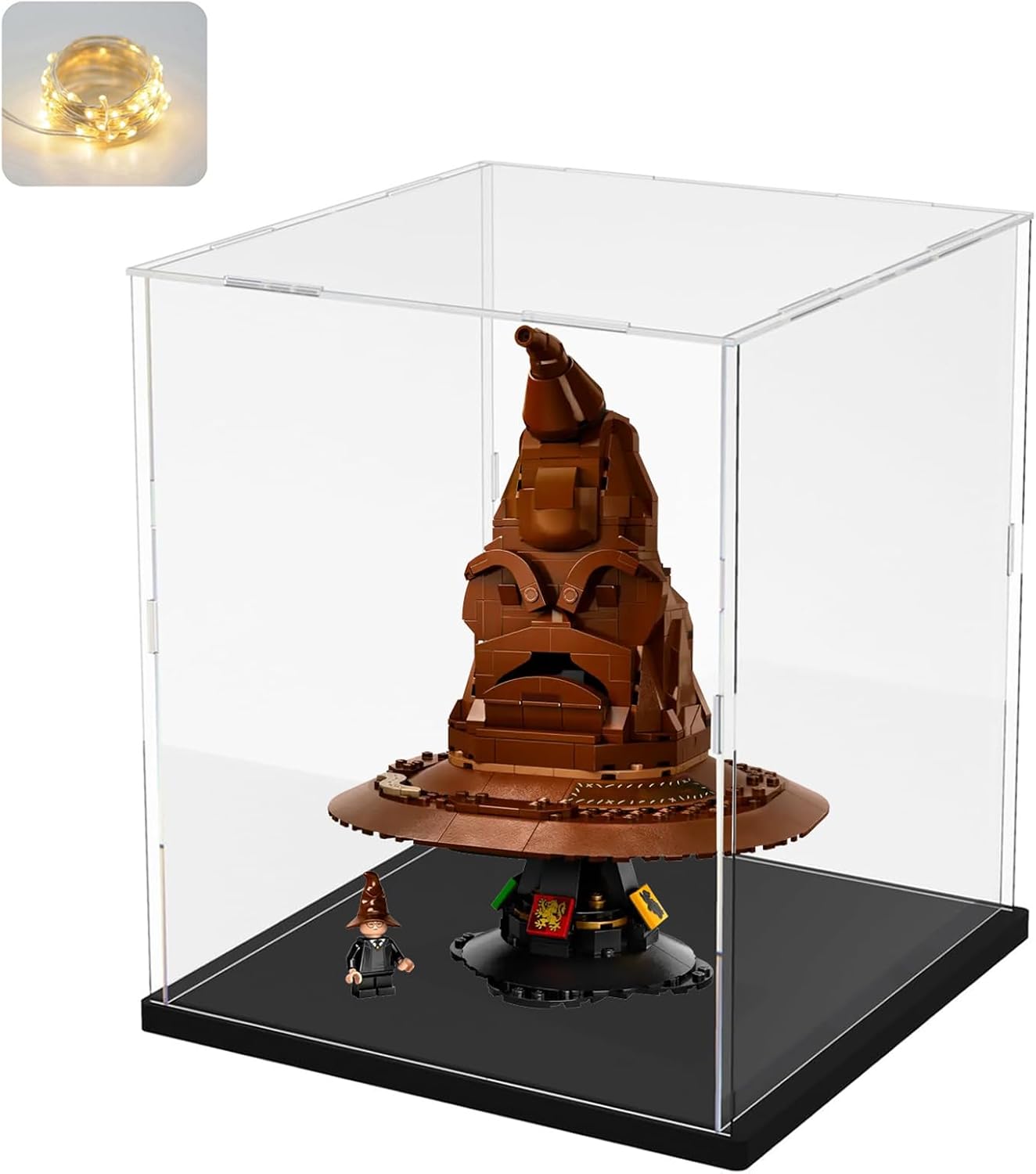Thickened Clear Acrylic Display Case for Lego 10330 43268 76450 42170 10295 10353 Collectibles, Transparent Box Dustproof Protection with Wood-Plastic Base & String Light, Black Inside 40x20x20cm