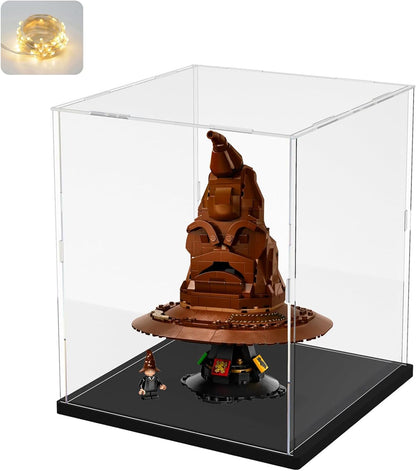 Thickened Clear Acrylic Display Case for Lego 10330 43268 76450 42170 10295 10353 Collectibles, Transparent Box Dustproof Protection with Wood-Plastic Base & String Light, Black Inside 40x20x20cm