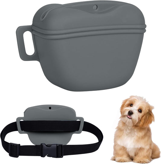Dog Treat Pouch for Training, Silicone Magnetic Closure Dog Treat Bag Portable Treat Pouch with Belt, Waterproof Small Treat Bag for Dog Training, Dog Walking (Gray)