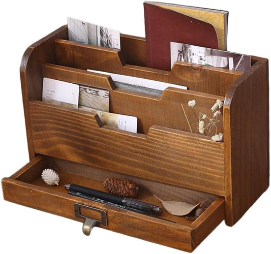 wooden desk tidy organiserWooden Desk Organizer with Drawer, 3-tier Large Capacity Letter Rack, Vintage Mail Organizer, Countertop Letter File Tray with Compartments for Home Office Supplies