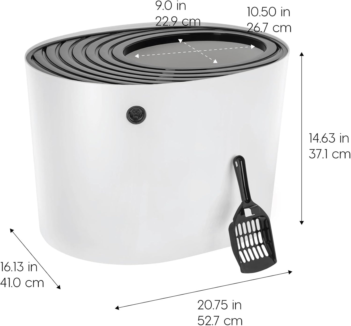 IRIS USA Top Entry Cat Litter Box with Scoop - Large - Stylish Enclosed Round Oval Kitty Dog Proof Box, Litiere Pour Chat Bac - White/Beige