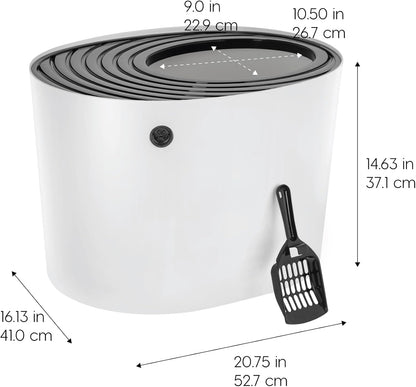 IRIS USA Top Entry Cat Litter Box with Scoop - Large - Stylish Enclosed Round Oval Kitty Dog Proof Box, Litiere Pour Chat Bac - White/Beige