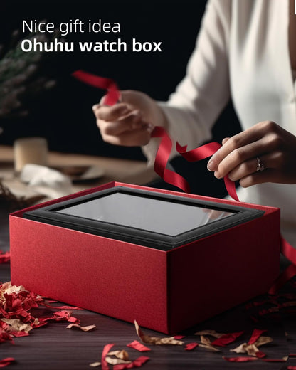 Ohuhu Watch Box Organizer for Men -12 Slot Leather Watch Case with Real Glass Lid Watch Display Case, Watch Organizer Jewelry Storage Box
