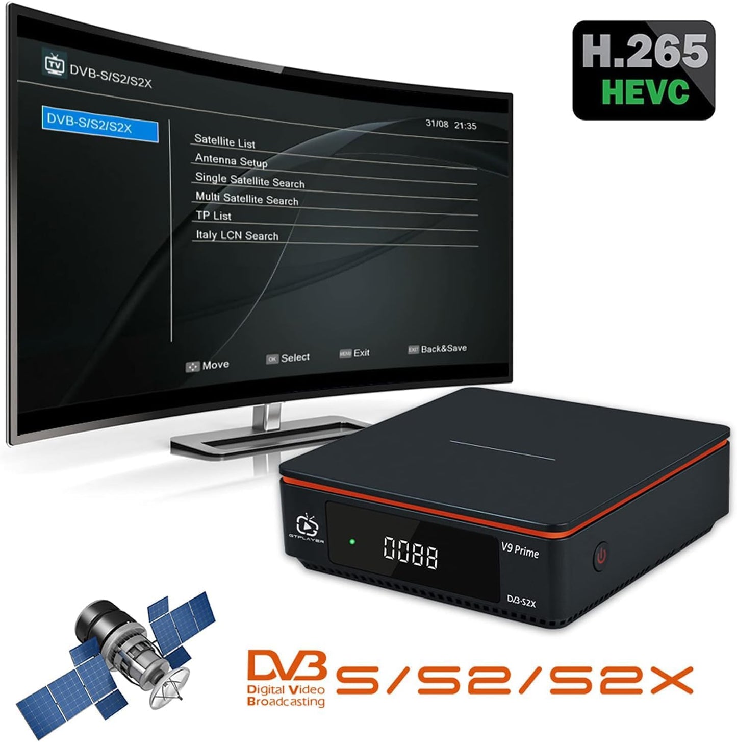 V9 Prime Digital Satellite Receiver H.265 FTA Free to Air DVB-S/S2/S2X 10bit HEVC Built-in 2.4G WiFi Support CA Card, Biss Auto Roll
