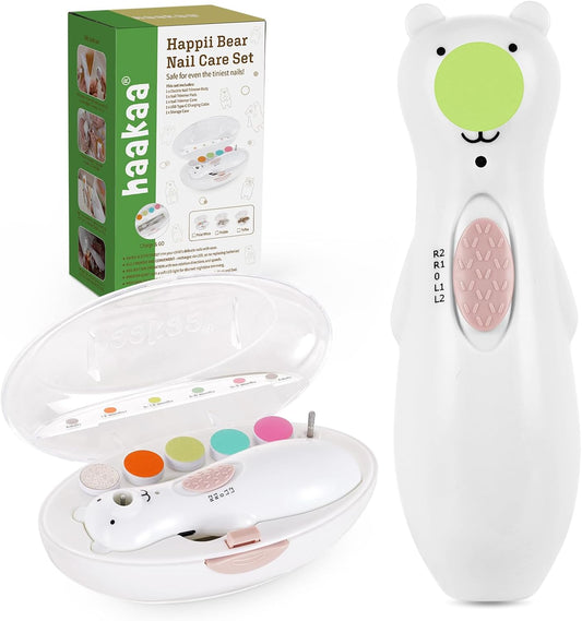 haakaa Happii Bear Baby Nail File Electric Nail Trimmer with LED Light, Rechargeable Baby Nail Clippers for Newborn/Adults Toes and Fingernails, Additional Replacement Heads & Charging Cable