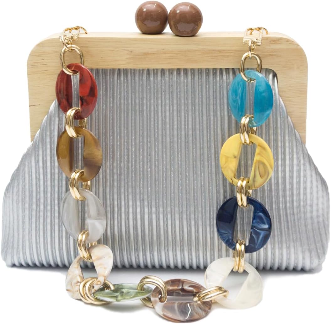 CORIOS Women Evening Bag Pleated Clutch Bag Wooden Beads Handbag Bridal Wedding Purse Elegant PU Leather Shoulder Bag