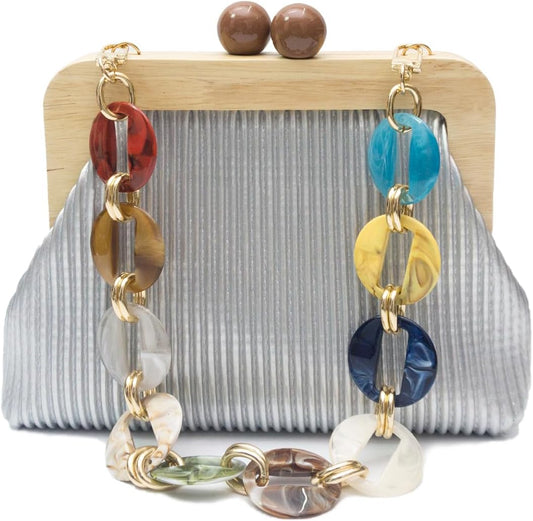 CORIOS Women Evening Bag Pleated Clutch Bag Wooden Beads Handbag Bridal Wedding Purse Elegant PU Leather Shoulder Bag
