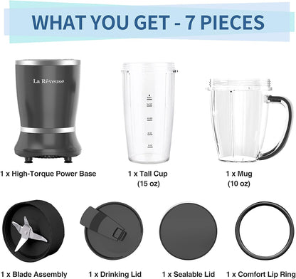 La Reveuse Personal Size Blender 250 Watts Power for Shakes Smoothies Seasonings Sauces with 1 Piece 15 oz Cup,1 Piece 10 oz Mug,BPA Free (Black)