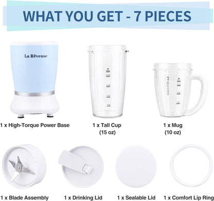 La Reveuse Personal Size Blender 250 Watts Power for Shakes Smoothies Seasonings Sauces with 1 Piece 15 oz Cup,1 Piece 10 oz Mug,BPA Free (Black)
