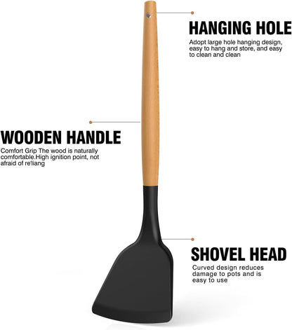 Silicone Cooking Utensils Set - Silicone Kitchen Utensils for Cooking Wooden Handles, 446°F Heat Resistant Kitchen Utensil Spatula Sets w Holder, Gadgets for Non-Stick Cookware BPA Free (Black)