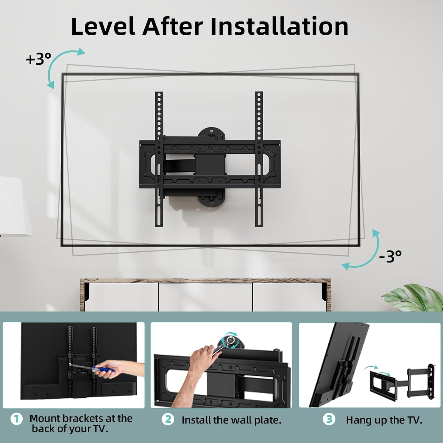 HCMOUNTING Swivel and Tilt TV Wall Mount for 26-65 inch Flat Screen Curved TVs, TV Bracket with Single Stud Level Adjustment Full Motion VESA 400x400mm Holds up to 88lbs