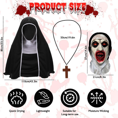 3Pcs Halloween Mask Headgear,Breathable Mesh Full Head Face Mask Creepiest Headwear Costume with Cross Necklace Cape