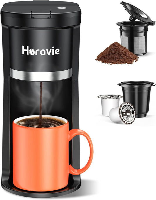 Small Single Serve Coffee Maker, Fast Brew One Cup Coffee Machine for K Cup and Grounds, 6 to 12 oz. Brew Sizes, Capsule Coffee Machine with Descaling Reminder and Viewing Tank, Black - PuriLite
