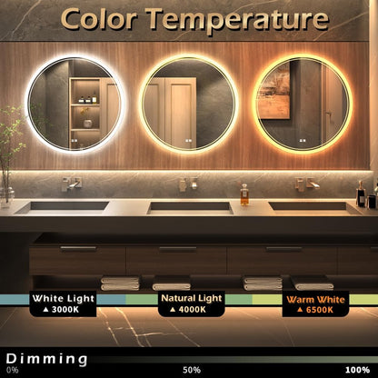 KWW Round Mirror Bathroom LED Lighted Mirror, Illuminated Dimmable Anti-Fog Wall-Mounted Makeup Vanity Mirror with Lights (24L x 24W inches)