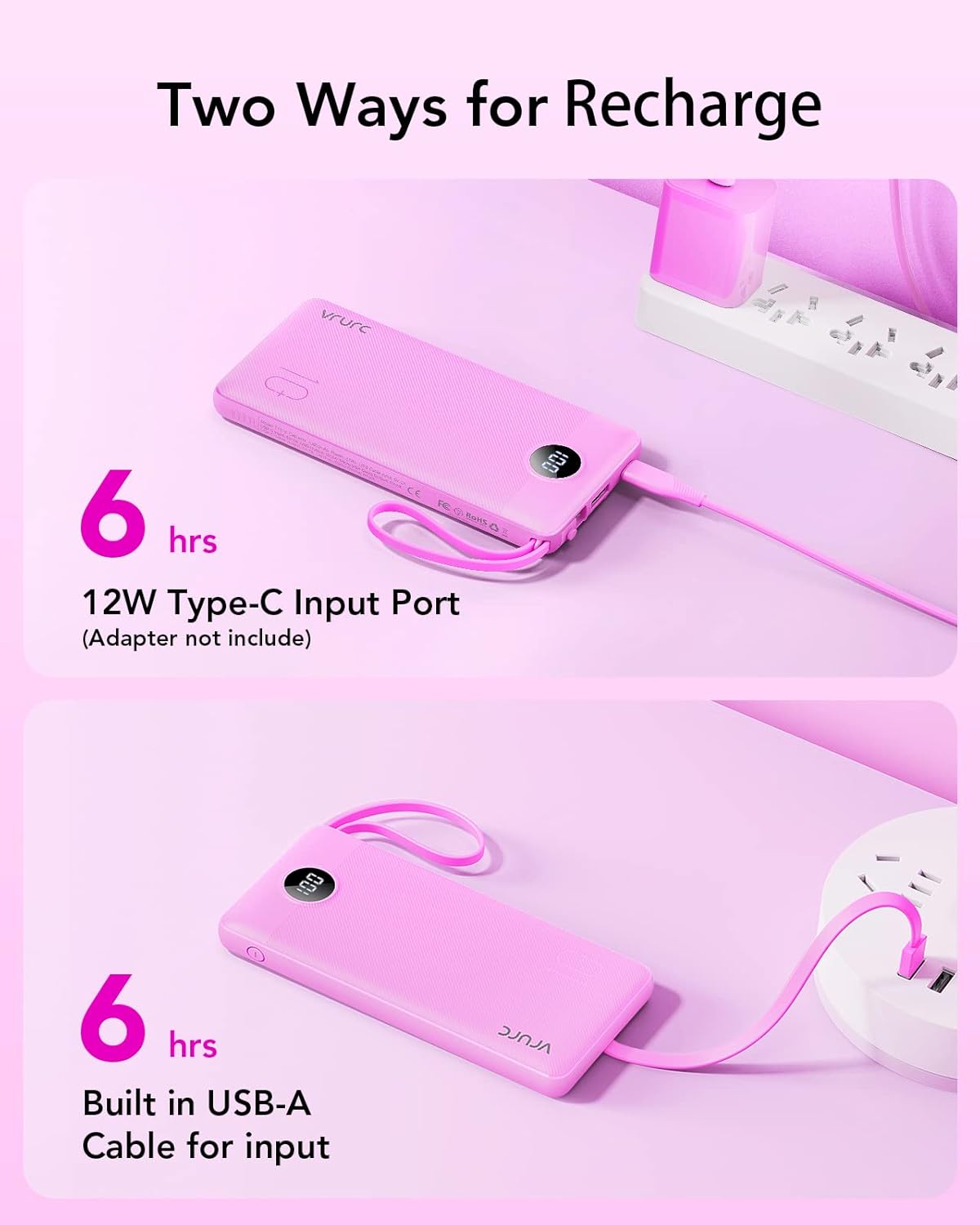 VRURC 10000mAh Power Bank Built-in Cables, Portable Charger with LED Display, Slim Intelligent Travel Battery Pack with Cords, 5 Output Dual Input Phone Charger for Cell Phone Smart Devcies-Blue
