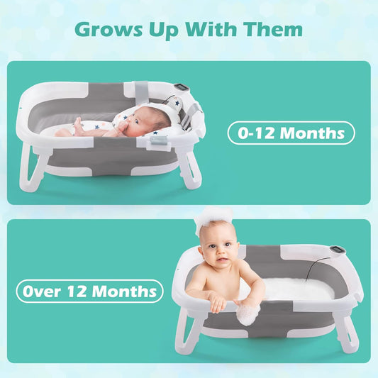 Baby BathTub, 4-in-1 Newborn to Toddler Tub with Temperature Sensor,Infant Waterproof Ear Cap and Soft Cushion included,Grey - PuriLite