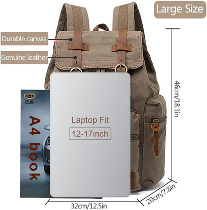 AUGUR Canvas Backpack,17 inch Laptop Backpack Vintage Canvas Leather Backpacks Casual School College Bag Pack Bookbag Hiking Travel Rucksack Daypack (L-Coffee)