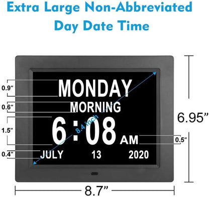 [2025 Newest] Digital Day Calendar Clocks 3 Medicine Reminders Extra Large 8 Inch Non-Abbreviated Day Date Month Dementia Senior Clock for Eldarly Memory Loss Vision Impaired Clock