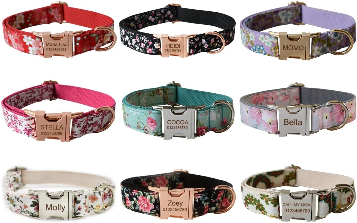 Custom Dog Collar with Metal Buckle - Pet Collars Personalized with Name and Phone Number (Plaid)