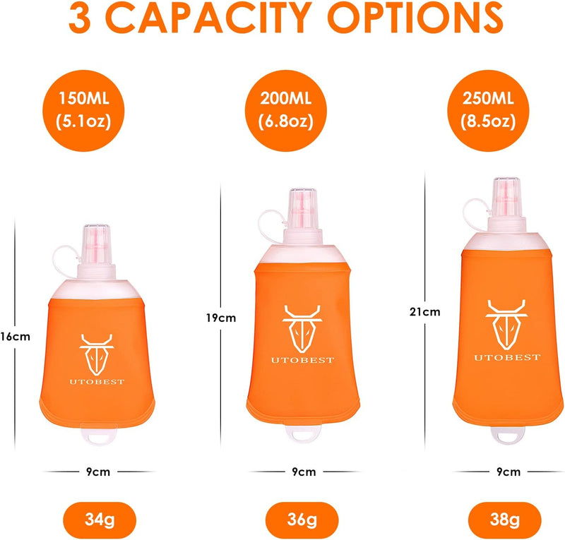 UTOBEST Soft Flask Running Water Bottle Collapsible Water Bottle for Trail Running Hydration Pack Hiking Cycling Climbing 150ML/250ML/350ML/450ML/500ML/550ML