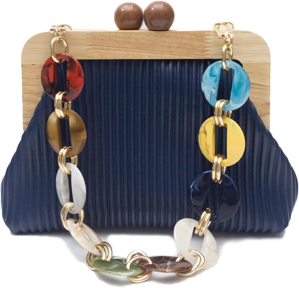 CORIOS Women Evening Bag Pleated Clutch Bag Wooden Beads Handbag Bridal Wedding Purse Elegant PU Leather Shoulder Bag