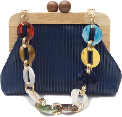 CORIOS Women Evening Bag Pleated Clutch Bag Wooden Beads Handbag Bridal Wedding Purse Elegant PU Leather Shoulder Bag