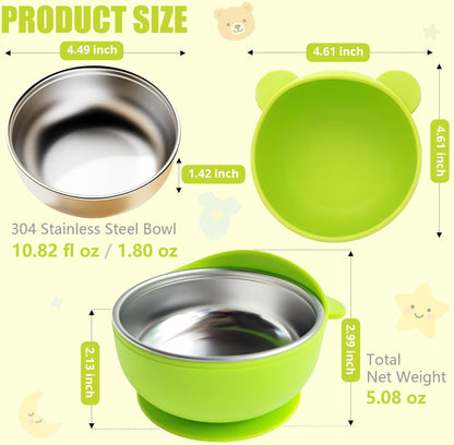 ninecessary Stainless Steel Baby Bowls with Silicone Sleeve 4 Pack, Stay Put Suction Bowls for Toddlers & Kids Food Feeding | Non-Slip, BPA-Free Bowls for Cereal, Soup & Snacks