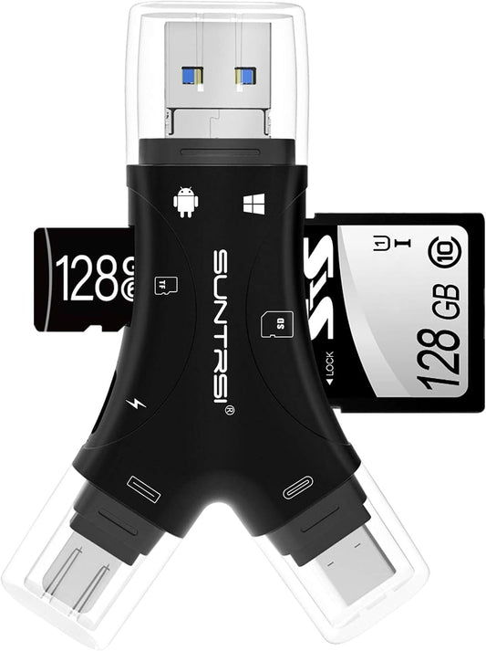 SD Card Reader for iPhone/ipad/Android/Mac/Computer/Camera,4 in1 Micro SD Card Reader Trail Camera Viewer, Portable Memory Card Reader SD Card Adapter for SD and TF Cards(White) (Black)