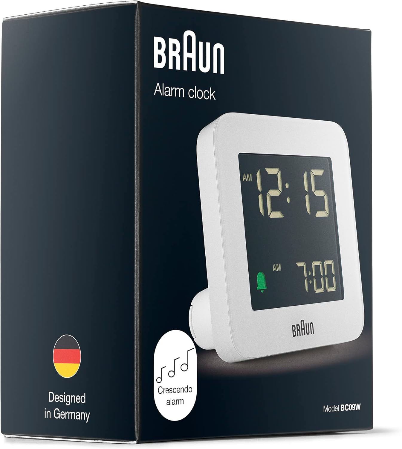 Braun Digital Alarm Clock with Snooze, Negative LCD Display, Quick Set, Crescendo Beep Alarm in White, Model BC09W.