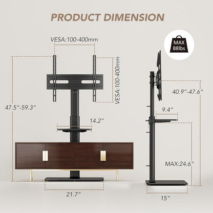 Universal Floor TV Stand with Mount 80 Degree Swivel Height Adjustable and Space Saving Design for Most 27 to 65 inch LCD, LED OLED TVs, Perfect for Corner & Bedroom AX1006TB