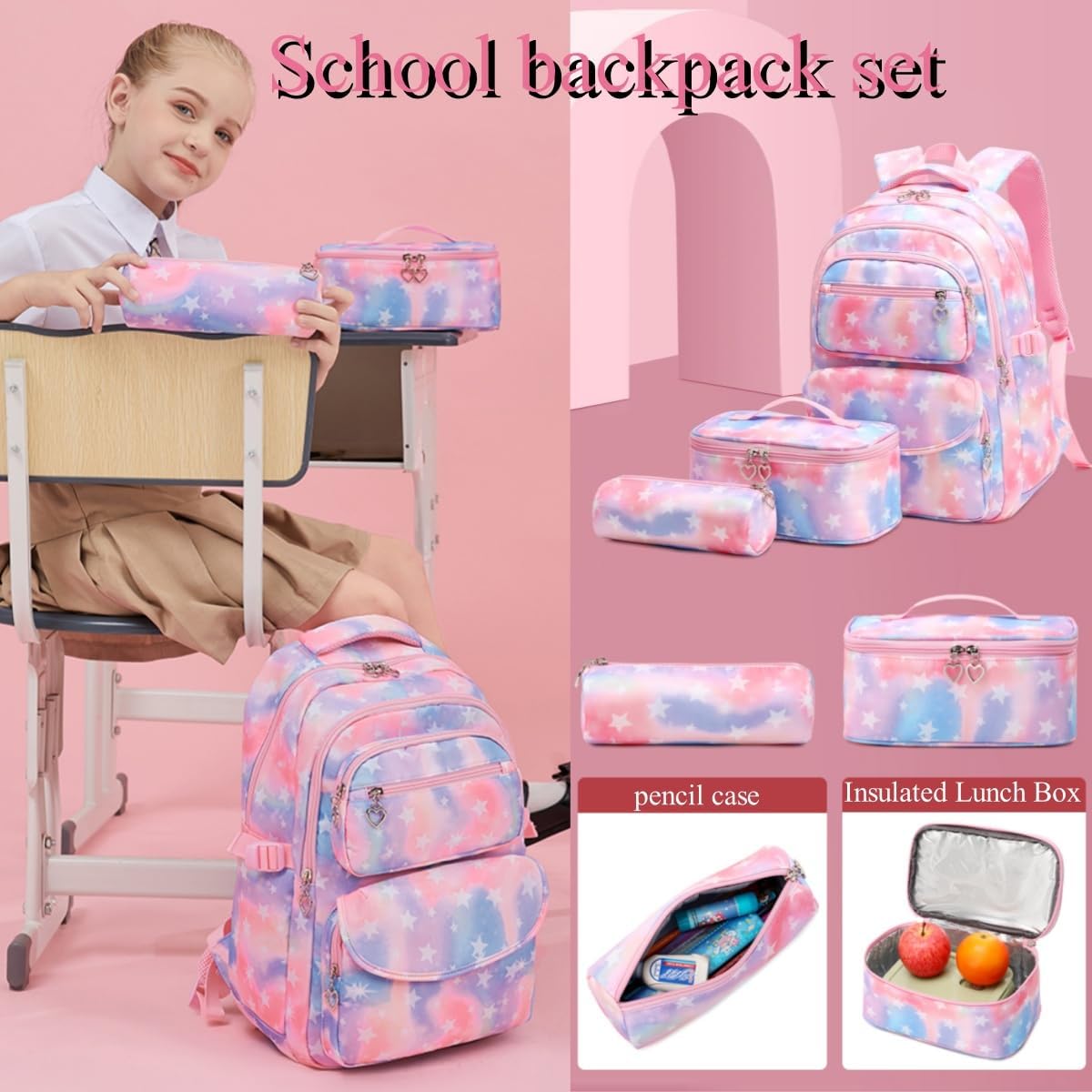 3Pcs Daisy Prints Backpack for Girls Bookbag set Primary School Daypack Elementary Students Knapsack with Lunch Box