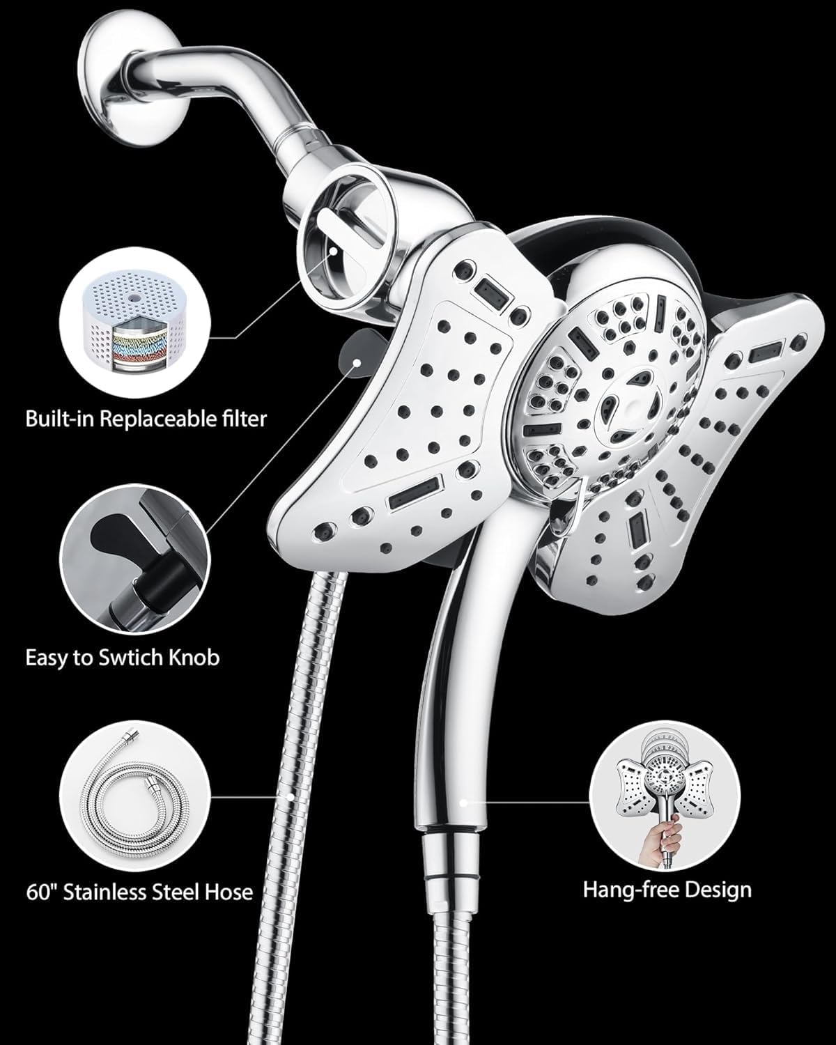 2.5 GPM High Pressure Shower Head: GRICH 8.7 Inch Black Shower Heads with Hand Held Spray 2-in-1 Combo, 9-Settings Handheld Shower Head & Adjustable Rain Shower Head with Hose 60'', Anti-Clog Nozzles