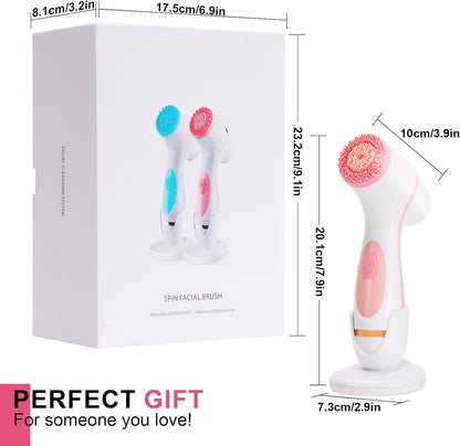 Facial Cleansing Brush, 3 in 1 Electric Face Scrubber with 3 Brush Heads for Women/Men, Waterproof Rechargeable Face Cleansing Brush for Dry Oily Sensitive Skin (Pink)