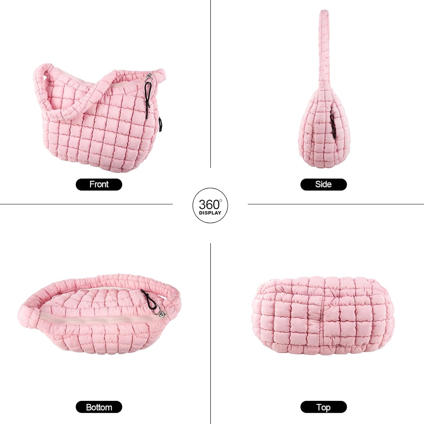 Quilted Puffer Tote Bag Large Crossbody Shoulder Bag with Zipper, Nylon Hobo Oversized Handbag